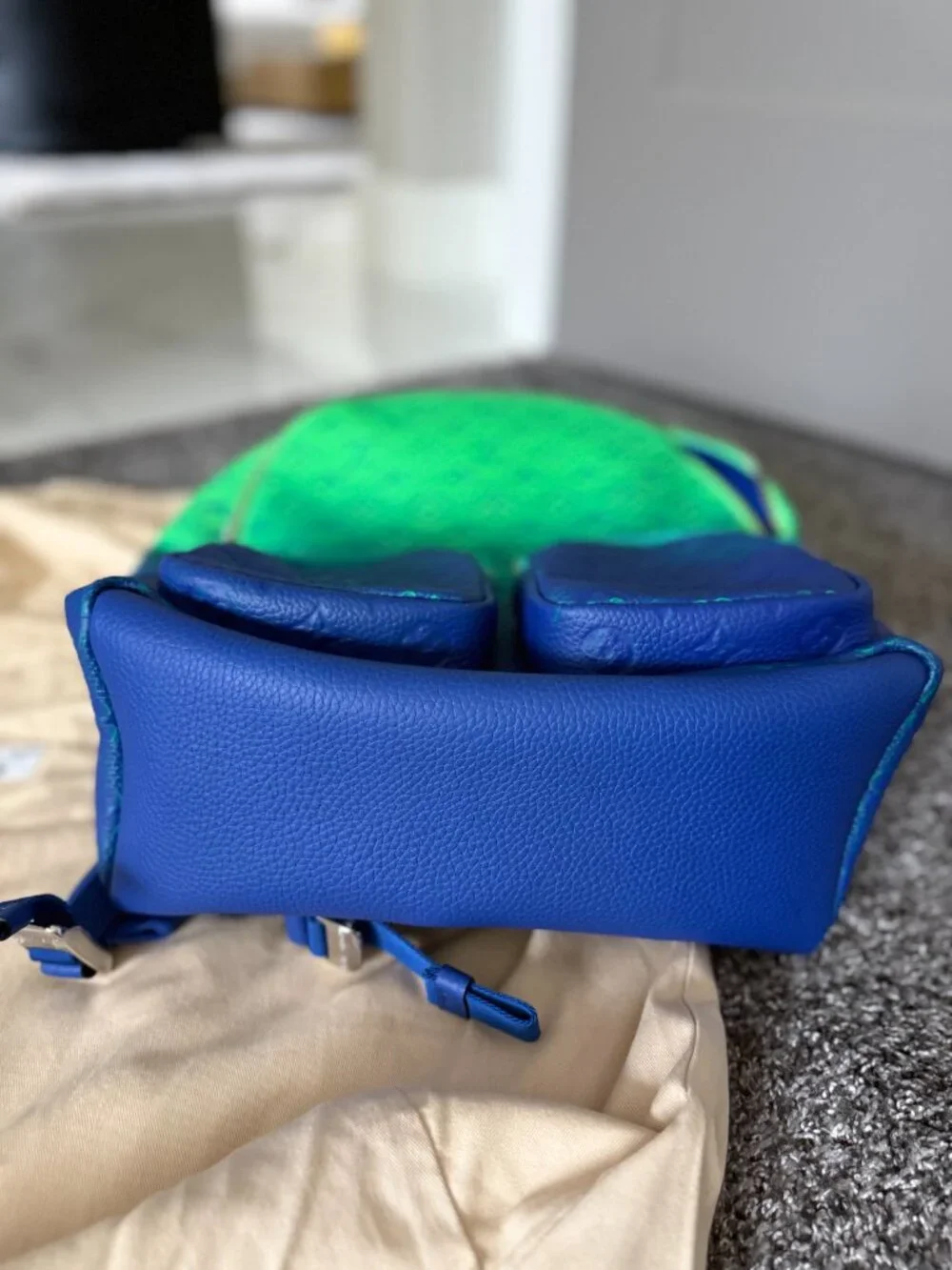 Virgil Abloh Blue and Neon Green Gradient  Taurillon Multipocket Backpack